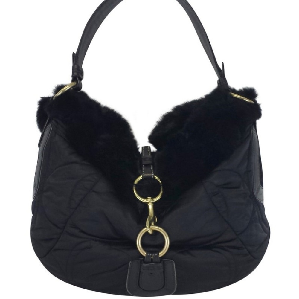 COACH BLACK QUILTED SHOULDER HANDBAG RABBIT FUR